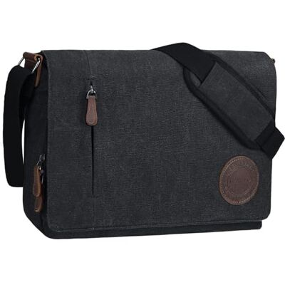 Leathario Schoudertas voor heren, van echt leer en canvas, werktas, studententas, laptoptas, schoudertas, universiteitstas, werk, zwart, 15,6 inch 15,6Zoll Leathario Schoudertas voor heren, van echt leer en canvas, werktas, studententas, laptoptas, schoudertas, universiteitstas, werk, zwart, 15,6 inch 15,6Zoll