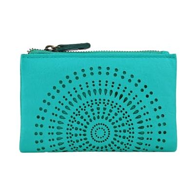 Laura Biagiotti Kleine portemonnee voor dames, echt leer, compact, geometrisch geperforeerd patroon, turquoise Laura Biagiotti Kleine portemonnee voor dames, echt leer, compact, geometrisch geperforeerd patroon, turquoise
