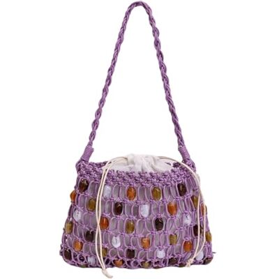 Generic Schoudertas met parels voor dames, handgemaakt, holle, gehaakte draagtas met trekkoord, lichte handtas van gebreid touw, okseltas, voor op reis, Paars. 25*18cm Generic Schoudertas met parels voor dames, handgemaakt, holle, gehaakte draagtas met trekkoord, lichte handtas van gebreid touw, okseltas, voor op reis, Paars. 25*18cm