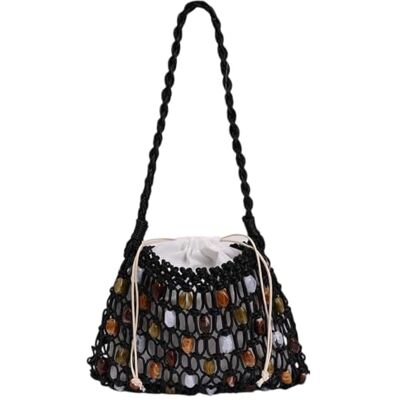 Generic Schoudertas met parels voor dames, handgemaakt, holle, gehaakte draagtas met trekkoord, lichte handtas van gebreid touw, okseltas, voor op reis, zwart. 25*18cm Generic Schoudertas met parels voor dames, handgemaakt, holle, gehaakte draagtas met trekkoord, lichte handtas van gebreid touw, okseltas, voor op reis, zwart. 25*18cm