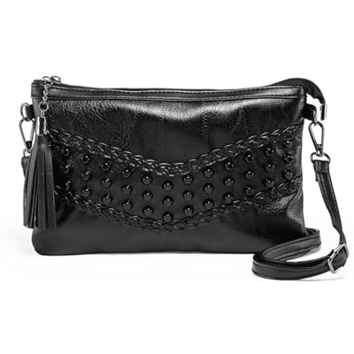 LaRechor Kleine suède dameshandtas met kwastjes, schoudertas, klinknagels, damestas, zwart, zwart 2 (2 riemen), S, handbagage S LaRechor Kleine suède dameshandtas met kwastjes, schoudertas, klinknagels, damestas, zwart, zwart 2 (2 riemen), S, handbagage S
