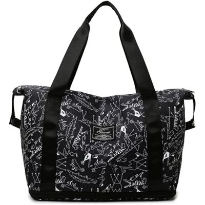 LYHYDMA Sac de voyage grande capacité impression sac de voyage femme imperméable bagage fourre-tout sac à main sac de sport sac de week-end sac à bandoulière, Noir imprimé, One Size LYHYDMA Sac de voyage grande capacité impression sac de voyage femme imperméable bagage fourre-tout sac à main sac de sport sac de week-end sac à bandoulière, Noir imprimé, One Size