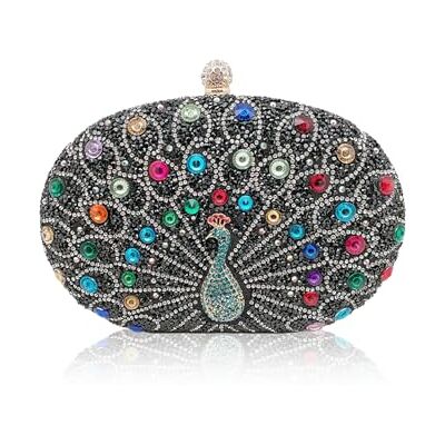 CORIOS Pauwenvormige avondtas met strass voor dames, fonkelende kristallen handtas, elegante schoudertas met afneembare ketting, schoudertas voor cocktail, bal, banket, feest, zwart., Retro L CORIOS Pauwenvormige avondtas met strass voor dames, fonkelende kristallen handtas, elegante schoudertas met afneembare ketting, schoudertas voor cocktail, bal, banket, feest, zwart., Retro L