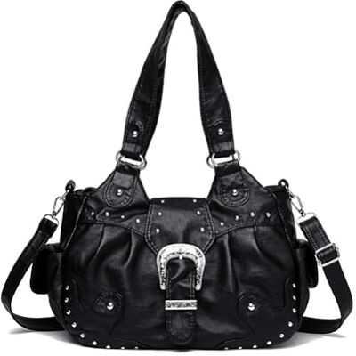 NICOLE & DORIS Handtas voor dames, grote schoudertas, retro, schoudertas, PU-leer, zacht, boodschappentas, meerdere zakken, hobo-tas, reistas, schouder met klinknagels, zwart, L NICOLE & DORIS Handtas voor dames, grote schoudertas, retro, schoudertas, PU-leer, zacht, boodschappentas, meerdere zakken, hobo-tas, reistas, schouder met klinknagels, zwart, L