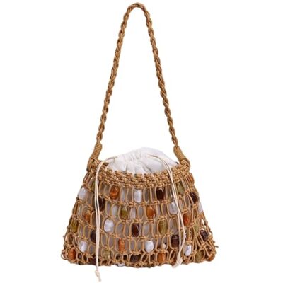 Generic Schoudertas met parels voor dames, handgemaakt, holle, gehaakte draagtas met trekkoord, lichte handtas van gebreid touw, okseltas, voor op reis, Khaki (stad) 25*18cm Generic Schoudertas met parels voor dames, handgemaakt, holle, gehaakte draagtas met trekkoord, lichte handtas van gebreid touw, okseltas, voor op reis, Khaki (stad) 25*18cm