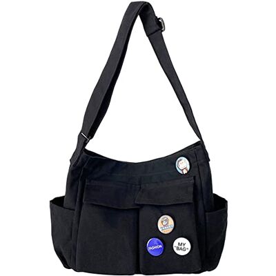 YILCER Canvas schoudertas voor dames en meisjes, esthetisch, hobo, draagtas, voor school, reizen, dagelijks gebruik, B-zwart L YILCER Canvas schoudertas voor dames en meisjes, esthetisch, hobo, draagtas, voor school, reizen, dagelijks gebruik, B-zwart L