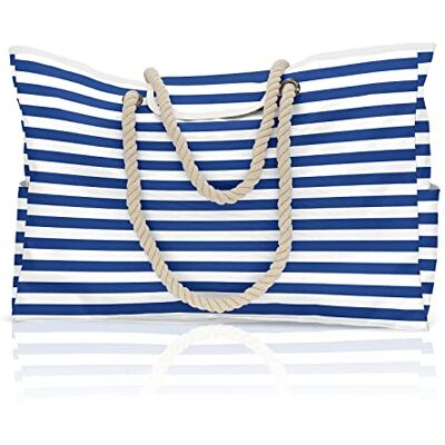 CORIOS Strandtas, extra groot, XXL, familie, shopper, strandtas, strandtas, handtas met magnetische gesp, diefstalbeveiliging, handtas, zomertassen voor dames, Blauwe en witte strepen CORIOS Strandtas, extra groot, XXL, familie, shopper, strandtas, strandtas, handtas met magnetische gesp, diefstalbeveiliging, handtas, zomertassen voor dames, Blauwe en witte strepen