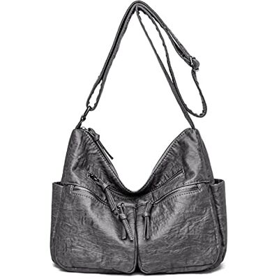 FANDARE Retro schoudertassen voor dames, schoudertas, hobo, waterdicht, PU-leer, voor winkelen, feest, school, reizen, crossbody tas, grijs, L FANDARE Retro schoudertassen voor dames, schoudertas, hobo, waterdicht, PU-leer, voor winkelen, feest, school, reizen, crossbody tas, grijs, L