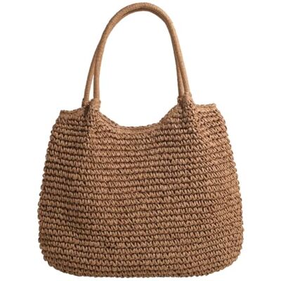 EcoGleam Rieten tas voor dames, zomerhandtas, strandtas, gevlochten schoudertas, grote geweven tas, Khaki (stad), M M EcoGleam Rieten tas voor dames, zomerhandtas, strandtas, gevlochten schoudertas, grote geweven tas, Khaki (stad), M M