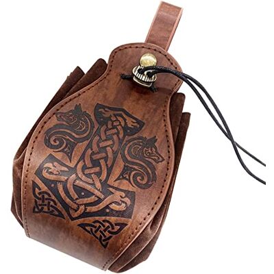 HiiFeuer Middeleeuwse clutch van kunstleer, draagbare tas met trekkoord, vintage riemtas, portemonnee en dice, voor LARP/Halloween kostuum, Mjolnir, Modern HiiFeuer Middeleeuwse clutch van kunstleer, draagbare tas met trekkoord, vintage riemtas, portemonnee en dice, voor LARP/Halloween kostuum, Mjolnir, Modern