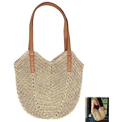 WOKICOR Stro-handtas voor dames, boho-strandtas, grote strandtas, strotas voor dames, schoudertas, handgeweven strotas, gevlochten raffia tas voor reizen, strand, bruin 35 x 28 x 2 centimètres WOKICOR Stro-handtas voor dames, boho-strandtas, grote strandtas, strotas voor dames, schoudertas, handgeweven strotas, gevlochten raffia tas voor reizen, strand, bruin 35 x 28 x 2 centimètres
