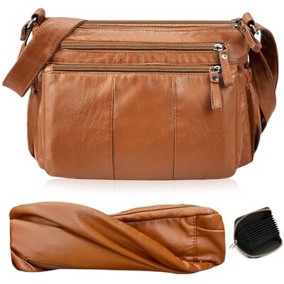 Skyearman Schoudertas voor dames, van zacht PU-leer, schoudertas, licht, meerdere zakken, middelgroot, schoudertas, damestas, schouderriem met brede verstelbare riem, A-bruin, M M Skyearman Schoudertas voor dames, van zacht PU-leer, schoudertas, licht, meerdere zakken, middelgroot, schoudertas, damestas, schouderriem met brede verstelbare riem, A-bruin, M M