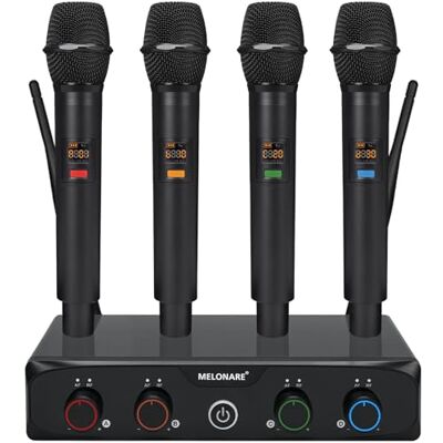 MELONARE Draadloos microfoonsysteem, UHF, compact, 4 kanalen, MWM-41-4H 4 dynamische handmicrofoons, 4 × 10 frequenties, bereik van 60 m, live zang, karaoke, religieuze diensten, DJ-evenementen MELONARE Draadloos microfoonsysteem, UHF, compact, 4 kanalen, MWM-41-4H 4 dynamische handmicrofoons, 4 × 10 frequenties, bereik van 60 m, live zang, karaoke, religieuze diensten, DJ-evenementen