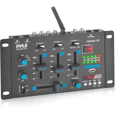 Pyle Mixer, geluidsmixer, compatibel met Bluetooth, DJ-geluidscontroller, microfoon, USB-speler, RCA-ingang, Phono/Line-ingang, microfooningang, hoofdtelefoonaansluiting Pyle Mixer, geluidsmixer, compatibel met Bluetooth, DJ-geluidscontroller, microfoon, USB-speler, RCA-ingang, Phono/Line-ingang, microfooningang, hoofdtelefoonaansluiting