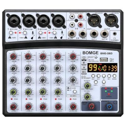 BOMGE 6-kanaals DJ Audio Mixer met Bluetooth, USB, MP3, 48V fantoomvoeding, echo-effectmixer 16 DSP voor live prestaties, muziek, karaoke, podcast, zwart BOMGE 6-kanaals DJ Audio Mixer met Bluetooth, USB, MP3, 48V fantoomvoeding, echo-effectmixer 16 DSP voor live prestaties, muziek, karaoke, podcast, zwart