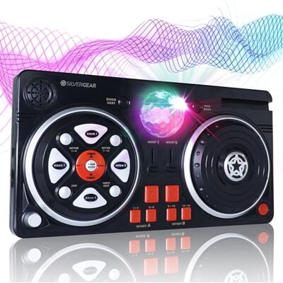 Silvergear ® Kidi DJ Mix voor kinderen, DJ-speler voor beginners met discobal, 46 geluidseffecten, DJ-mixer, draagbaar en werkt op batterijen, 39,3 x 20,5 x 6,4 cm, zwart Silvergear ® Kidi DJ Mix voor kinderen, DJ-speler voor beginners met discobal, 46 geluidseffecten, DJ-mixer, draagbaar en werkt op batterijen, 39,3 x 20,5 x 6,4 cm, zwart