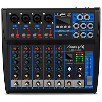 Audibax MG06 6-kanaals USB-mixer met Bluetooth, MP3, USB Rec en effecten Audibax MG06 6-kanaals USB-mixer met Bluetooth, MP3, USB Rec en effecten