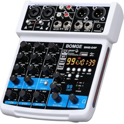 BOMGE -04F 4-kanaals DJ audio mixer met Bluetooth MP3/USB, stereo-opname/48V/24DSP echo-effecten voor live transmissie, karaoke, prestaties, kerkzang en BOMGE -04F 4-kanaals DJ audio mixer met Bluetooth MP3/USB, stereo-opname/48V/24DSP echo-effecten voor live transmissie, karaoke, prestaties, kerkzang en