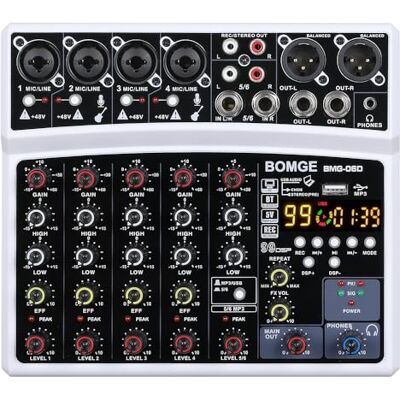 BOMGE 6-kanaals DJ Audio Mixer met Bluetooth, USB, MP3, 48V fantoomvoeding, echo-effectmixer 16 DSP voor live prestaties, muziek, karaoke, podcast, wit BOMGE 6-kanaals DJ Audio Mixer met Bluetooth, USB, MP3, 48V fantoomvoeding, echo-effectmixer 16 DSP voor live prestaties, muziek, karaoke, podcast, wit