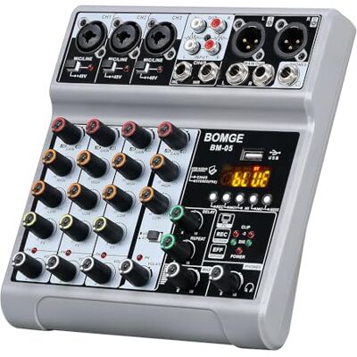 BOMGE Audio-mixer, mixer met 5 digitale USB-Bluetooth-kanalen, echo-vertragingseffect, 48 V fantoomvoeding, stereo DJ-mixers voor opname, live streaming, BOMGE Audio-mixer, mixer met 5 digitale USB-Bluetooth-kanalen, echo-vertragingseffect, 48 V fantoomvoeding, stereo DJ-mixers voor opname, live streaming,