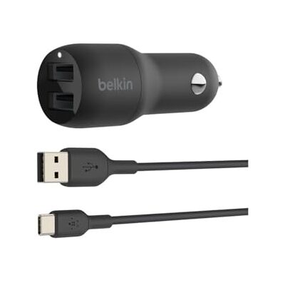 Belkin BoostCharge 2-poorts USB-A autolader (24W) met USB-A naar USB-C kabel Belkin BoostCharge 2-poorts USB-A autolader (24W) met USB-A naar USB-C kabel