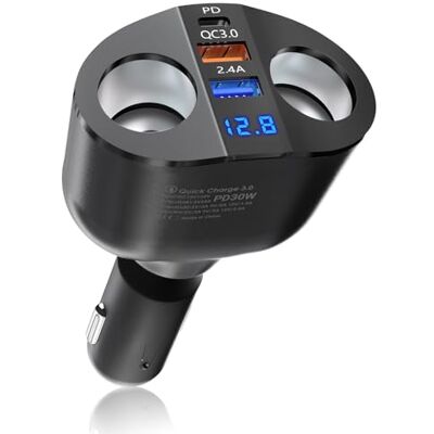 Qidoe Dubbele sigarettenaansteker-adapter: PD30W en QC3.0, 18 W, multi-stopcontact, autolader, verdeler, 120 W, met led-voltmeter voor apparaten 12 V/24 V, auto, zoals voor telefoon, GPS, dashcam Qidoe Dubbele sigarettenaansteker-adapter: PD30W en QC3.0, 18 W, multi-stopcontact, autolader, verdeler, 120 W, met led-voltmeter voor apparaten 12 V/24 V, auto, zoals voor telefoon, GPS, dashcam