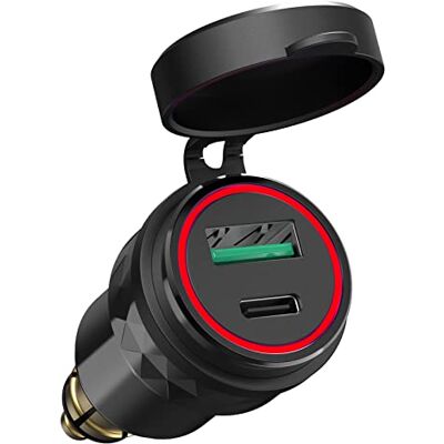 Qidoe Snellader voor motorfiets, USB Din: adapter DIN Hella van aluminium PD 3.0 en QC 3.0 dubbele USB met rode led-indicator voor motorfietsen 12 V/24 V BMW, Ducati, Triumph Tiger en andere motorfietsen in Europese stijl Qidoe Snellader voor motorfiets, USB Din: adapter DIN Hella van aluminium PD 3.0 en QC 3.0 dubbele USB met rode led-indicator voor motorfietsen 12 V/24 V BMW, Ducati, Triumph Tiger en andere motorfietsen in Europese stijl