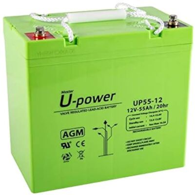 Master U-Power U-Power AGM-accu 12 V 55 Ah VRLA voor omvormers, terminal M6 AGM-accu 12 V 55 Ah voor back-up en compatibele apparatuur. VRLA-verzegeld, onderhoudsvrij, met M6-terminal. Master U-Power U-Power AGM-accu 12 V 55 Ah VRLA voor omvormers, terminal M6 AGM-accu 12 V 55 Ah voor back-up en compatibele apparatuur. VRLA-verzegeld, onderhoudsvrij, met M6-terminal.