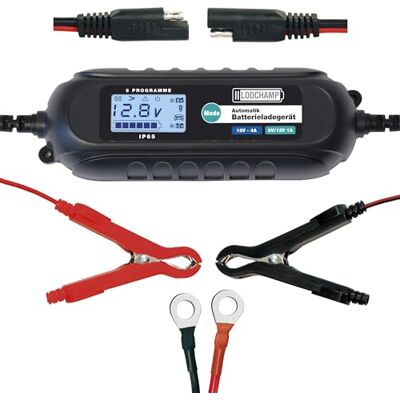 LODCHAMP , 4 A 6 V/12 V intelligente acculader, autolader, houderlader met desulfator en comfortabele stekker, poolklemmen en ringoogkabel LODCHAMP , 4 A 6 V/12 V intelligente acculader, autolader, houderlader met desulfator en comfortabele stekker, poolklemmen en ringoogkabel