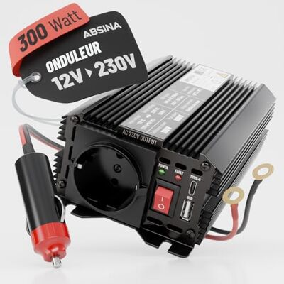 ABSINA Spanningsomvormer 12 V naar 230 V, gemodificeerde sinusomvormer 12 V naar 230 V, 300 W omvormer met 600 W piekvermogen ABSINA Spanningsomvormer 12 V naar 230 V, gemodificeerde sinusomvormer 12 V naar 230 V, 300 W omvormer met 600 W piekvermogen