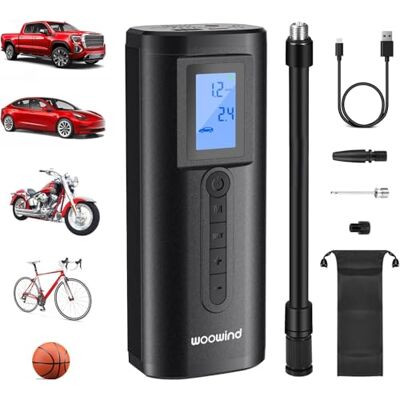 Woowind AP2-P Bandenpomp voor auto en externe accu, 2-in-1, 10,3 bar Elektrische fietspomp, 150 psi, automatische uitschakeling, ledlicht, draagbare compressor voor fietsbanden, auto, motorfiets Woowind AP2-P Bandenpomp voor auto en externe accu, 2-in-1, 10,3 bar Elektrische fietspomp, 150 psi, automatische uitschakeling, ledlicht, draagbare compressor voor fietsbanden, auto, motorfiets