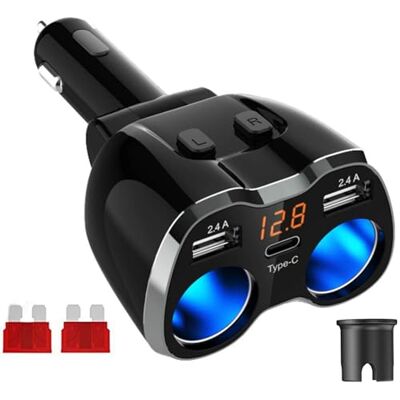 GemCoo Autolader 120 W sigarettenaanstekeradapter 2-weg schakelaar 12 V/24 V autostopcontact met dubbele 2,4 A USB-adapter en type C-aansluiting voor de auto GemCoo Autolader 120 W sigarettenaanstekeradapter 2-weg schakelaar 12 V/24 V autostopcontact met dubbele 2,4 A USB-adapter en type C-aansluiting voor de auto