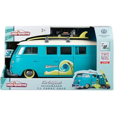 Majorette Jada Volkswagen T1, 31 cm, container voor 9 auto's, schaal 1:64 (7,5 cm) met licht, surfplank en stickers, dak en afneembaar vak (212055010) Majorette Jada Volkswagen T1, 31 cm, container voor 9 auto's, schaal 1:64 (7,5 cm) met licht, surfplank en stickers, dak en afneembaar vak (212055010)