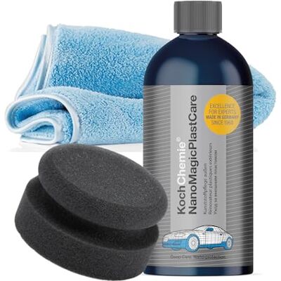 detailmate Koch Chemie Buitenverzorgingsset voor kunststof: NanoMagic Plastcare 500 ml + zachte handpolijstspons Ø 90/50 mm + microvezeldoek van 40 x 40 cm, 550 g/m² met glanzende rand detailmate Koch Chemie Buitenverzorgingsset voor kunststof: NanoMagic Plastcare 500 ml + zachte handpolijstspons Ø 90/50 mm + microvezeldoek van 40 x 40 cm, 550 g/m² met glanzende rand