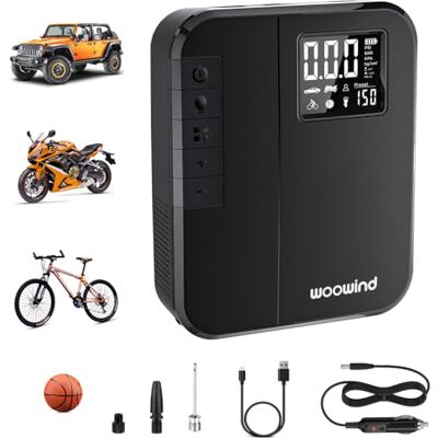 Woowind BP188 Elektrische fietspomp met Presta en Schrader ventiel, bandenpomp voor fietsen, motorfietsen, automatische uitschakeling 120 ~ 150 psi en oplaadbaar Woowind BP188 Elektrische fietspomp met Presta en Schrader ventiel, bandenpomp voor fietsen, motorfietsen, automatische uitschakeling 120 ~ 150 psi en oplaadbaar