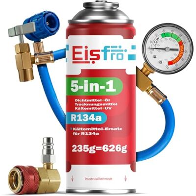 Eisfro 5-in-1 vervangingskoelmiddel R134a XL voor auto-airconditioning met olie, 5w1-R134a-EI-XL+P+AcAs Eisfro 5-in-1 vervangingskoelmiddel R134a XL voor auto-airconditioning met olie, 5w1-R134a-EI-XL+P+AcAs