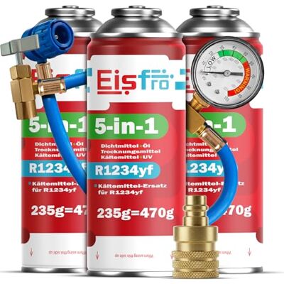 Eisfro 5-in-1 R1234yf koelmiddel voor auto-airconditioning + slang en YF-adapter snel gebruik beschermt de compressor, 3x5w1-R1234YF-EI-XL+P+Az Eisfro 5-in-1 R1234yf koelmiddel voor auto-airconditioning + slang en YF-adapter snel gebruik beschermt de compressor, 3x5w1-R1234YF-EI-XL+P+Az