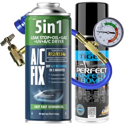 A/C FIX AC FIX 5-in-1 R134a + slang + luchtverfrisser, 435 g koelmiddel voor auto-airconditioning met olie, afdichtmiddel, uv-kleurstof, droogmiddel, snel gebruik, beschermt de compressor A/C FIX AC FIX 5-in-1 R134a + slang + luchtverfrisser, 435 g koelmiddel voor auto-airconditioning met olie, afdichtmiddel, uv-kleurstof, droogmiddel, snel gebruik, beschermt de compressor