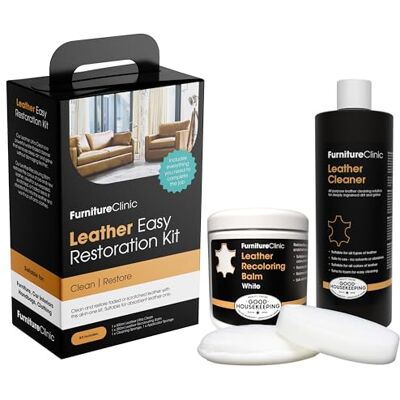 Furniture Clinic Easy Leather Reparatieset voor leer, wit, met kleurbalsem, spons en doek voor meubels, autostoelen, schoenen en tassen Easy Leather Restoration Kit Furniture Clinic Easy Leather Reparatieset voor leer, wit, met kleurbalsem, spons en doek voor meubels, autostoelen, schoenen en tassen Easy Leather Restoration Kit