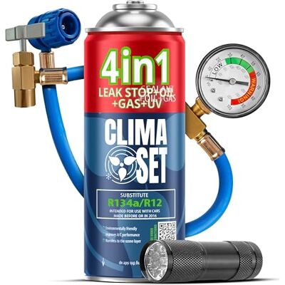 Clima Set CLIMASET AC R134a 4-in-1 complete set gasvervanging voor auto's van 1994 tot 2016 airconditioningsoplossing complete set afdichting, uv-kleurstof, koelmiddel met kabel en uv-lamp Clima Set CLIMASET AC R134a 4-in-1 complete set gasvervanging voor auto's van 1994 tot 2016 airconditioningsoplossing complete set afdichting, uv-kleurstof, koelmiddel met kabel en uv-lamp