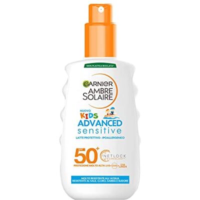 Garnier Ambre Solaire Lait Solaire Protection Spray Enfants Advanced Sensitive Kids, Résistant à l'eau, au sel et au chlore, hypoallergénique, avec protection très élevée, 200 ml Garnier Ambre Solaire Lait Solaire Protection Spray Enfants Advanced Sensitive Kids, Résistant à l'eau, au sel et au chlore, hypoallergénique, avec protection très élevée, 200 ml