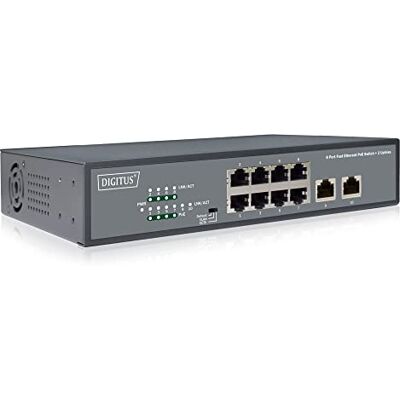 Digitus Fast Ethernet PoE+ netwerkschakelaar 19 inch 8 poorten + 2x Uplink RJ45 IEEE802.3af/at 120W Power-Budget zwart Digitus Fast Ethernet PoE+ netwerkschakelaar 19 inch 8 poorten + 2x Uplink RJ45 IEEE802.3af/at 120W Power-Budget zwart