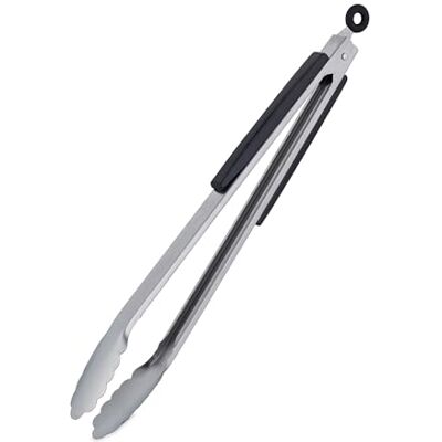 Relaxdays Barbecuetang van roestvrij staal, houten handvat, lange grilltang voor barbecue en keuken, 38 cm, braadtang met oogje, zilver/zwart Relaxdays Barbecuetang van roestvrij staal, houten handvat, lange grilltang voor barbecue en keuken, 38 cm, braadtang met oogje, zilver/zwart
