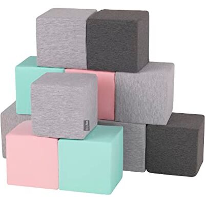 KiddyMoon Zachte blokken voor baby's, 12-stuks, bouwkubus van schuim, 14 cm, kubussen: Lichtgrijs/donkergrijs/roze/mint KiddyMoon Zachte blokken voor baby's, 12-stuks, bouwkubus van schuim, 14 cm, kubussen: Lichtgrijs/donkergrijs/roze/mint