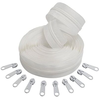 AERZETIX C62670x5-C62793x10 – set ritssluiting spiraal 5 m nr. 5 kleur: wit + 10 schuifregelaars nr. 5 niet afsluitbaar kleur: wit – van nylon/metaal – mercerie AERZETIX C62670x5-C62793x10 – set ritssluiting spiraal 5 m nr. 5 kleur: wit + 10 schuifregelaars nr. 5 niet afsluitbaar kleur: wit – van nylon/metaal – mercerie