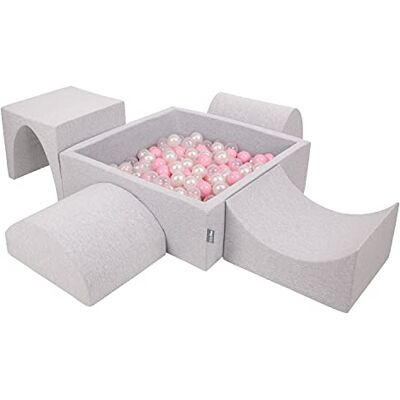 KiddyMoon Schuim Speeltuin met Vierkante Ballenbak (300 ballen) voor Kinderen, Licht Grijs Poederroze/parel/transparant KiddyMoon Schuim Speeltuin met Vierkante Ballenbak (300 ballen) voor Kinderen, Licht Grijs Poederroze/parel/transparant