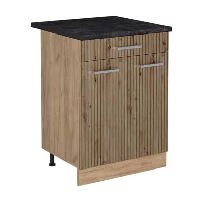 Vicco Meuble bas de cuisine "R-Line", Chêne Artisan/Chêne doré 60 cm 2 Portes · Plan de travail incl. · Pieds réglables en hauteur · 1 Tablette · Librement combinable Vicco Meuble bas de cuisine "R-Line", Chêne Artisan/Chêne doré 60 cm 2 Portes · Plan de travail incl. · Pieds réglables en hauteur · 1 Tablette · Librement combinable