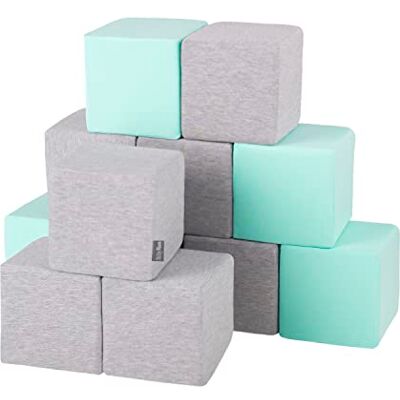 KiddyMoon Zachte blokken voor baby's, 12-stuks, bouwkubus van schuim, 14 cm, kubussen: Lichtgrijs/mint KiddyMoon Zachte blokken voor baby's, 12-stuks, bouwkubus van schuim, 14 cm, kubussen: Lichtgrijs/mint
