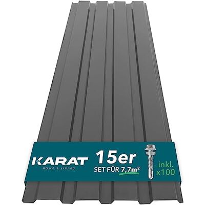 KARAT Karaat Set van 15 trapeziumplaten 115 x 45 cm Geprofileerde beplating met schroeven 7,7 m², Dakwandbeplating, Dikte: 0,25 mm, Plaatstalen dakpanelen, Wandbekleding (grijs) KARAT Karaat Set van 15 trapeziumplaten 115 x 45 cm Geprofileerde beplating met schroeven 7,7 m², Dakwandbeplating, Dikte: 0,25 mm, Plaatstalen dakpanelen, Wandbekleding (grijs)