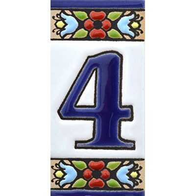 ART Huisnummer. Handgeschilderde keramische tegels met droogtouwtechniek (cuerda seca). Namen, richtingen en bewegwijzering. Tekening Flores Mini 7,3 cm x 3,5 cm. (NUMERO vier 4") ART Huisnummer. Handgeschilderde keramische tegels met droogtouwtechniek (cuerda seca). Namen, richtingen en bewegwijzering. Tekening Flores Mini 7,3 cm x 3,5 cm. (NUMERO vier 4")